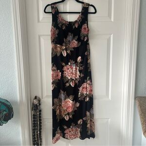 Vintage 90s Black Large Floral Maxi Dress Stretchy